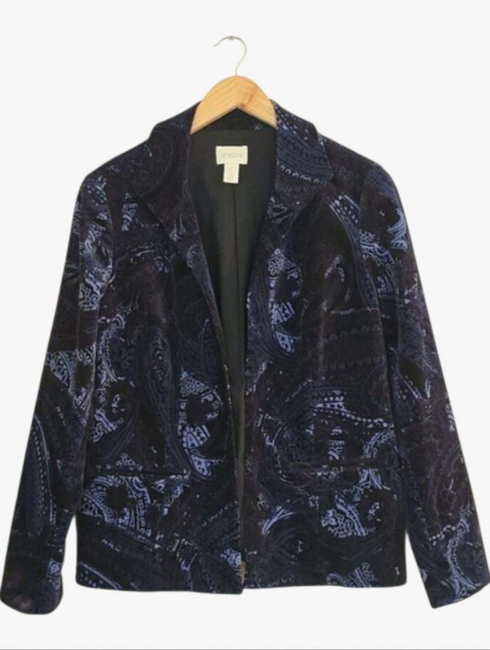 Chico's Velvet Paisley Jacket Womens Medium Blue Black Open Front Blazer - Picture 2 of 11